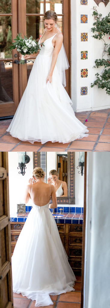 Spaghetti Straps Chiffon A-Line Backless Sexy Deep V-Neck Sleeveless Simple Wedding Dress, FC1424