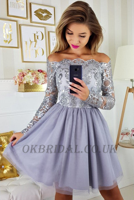 Off the Shoulder Tulle Homecoming Dress, Lace Knee-Length Long Sleeve Homecoming Dress, KX51