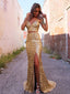 Gold Two-Pieces Sequin Spaghetti Straps V-neck Backless Prom Dresses, FC6492
