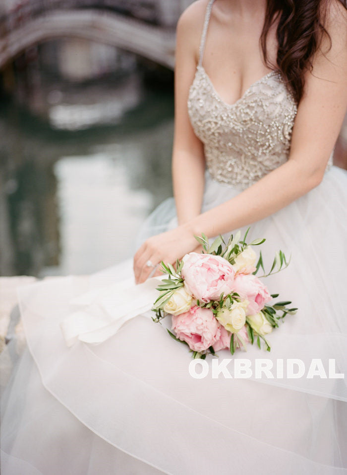 Charming Beaded Top Wedding Dress, A-Line Organza Backless Wedding Dress, KX786