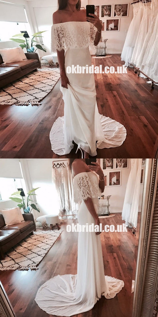 Off Shoulder Chiffon Cheap Bridal Dress, Gorgeous Lace Sheath Bridal Dress, LB0796