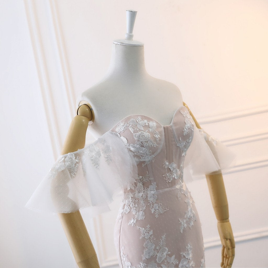 Gorgeous Off Shoulder Mermaid Backless Sweet Heart Lace Beautiful Tulle Long Wedding Dresses, FC1302