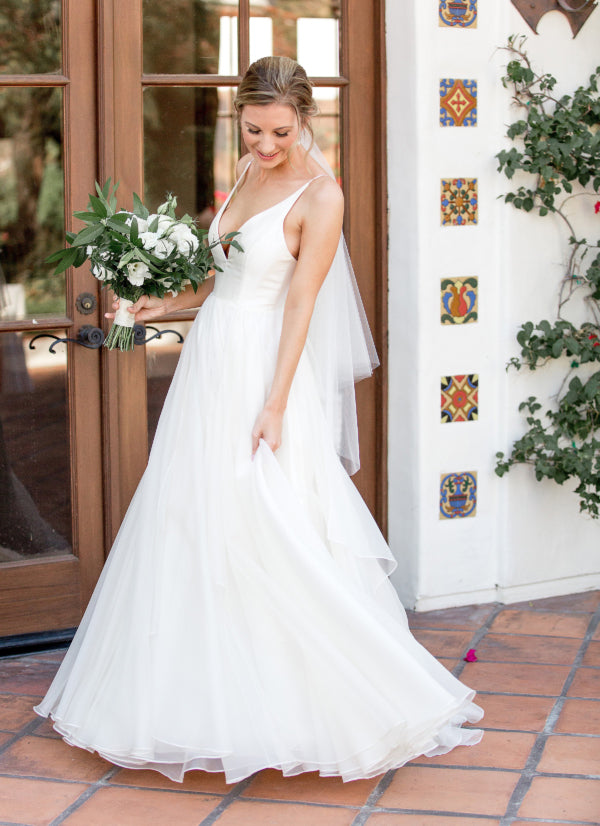 Spaghetti Straps Chiffon A-Line Backless Sexy Deep V-Neck Sleeveless Simple Wedding Dress, FC1424