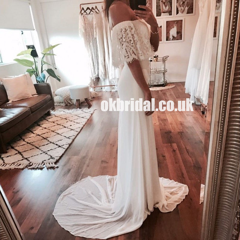 Off Shoulder Chiffon Cheap Bridal Dress, Gorgeous Lace Sheath Bridal Dress, LB0796