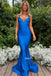 Blue Spaghetti Straps V-neck Mermaid Backless Long Prom Dresses, OB101