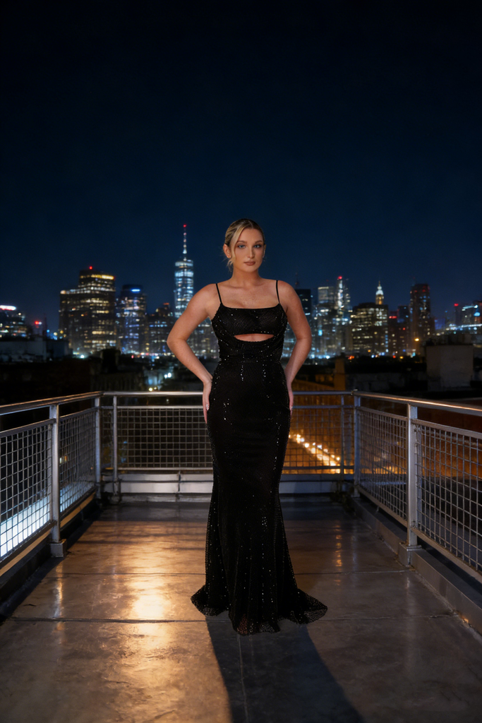 Spaghetti Straps Black Mermaid Sequin Backless Prom Dresses, OB108