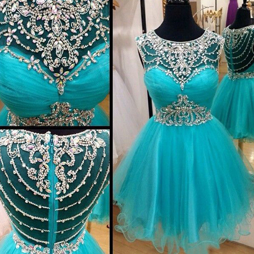 Short blue rhinestones sparkly Boho Vintage casual homecoming prom dress,BD0003