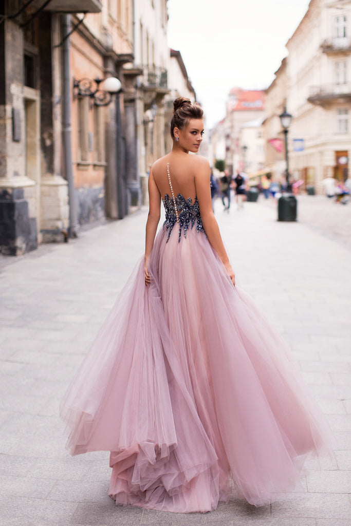 Simple A Line Tulle Ruffle Pink Prom Dresses Strapless Modest