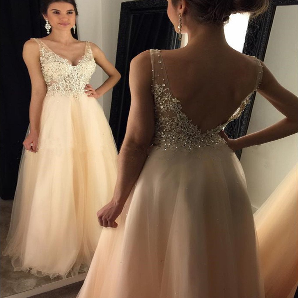 V-Neck Tulle Prom Dress, Backless Prom Dress, Beaded Prom Dress, Sleeveless Prom Dress, KX102