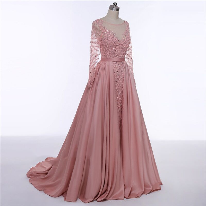 Long Sleeve Tulle Prom Dress, Soft Satin Beaded Prom Dress, Charming Prom Dress, KX105