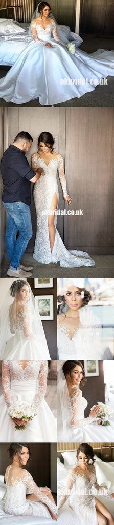Charming Long Sleeve Lace  Sexy Side Split Wedding Dress with Detachable Satin Skirt, LB1126