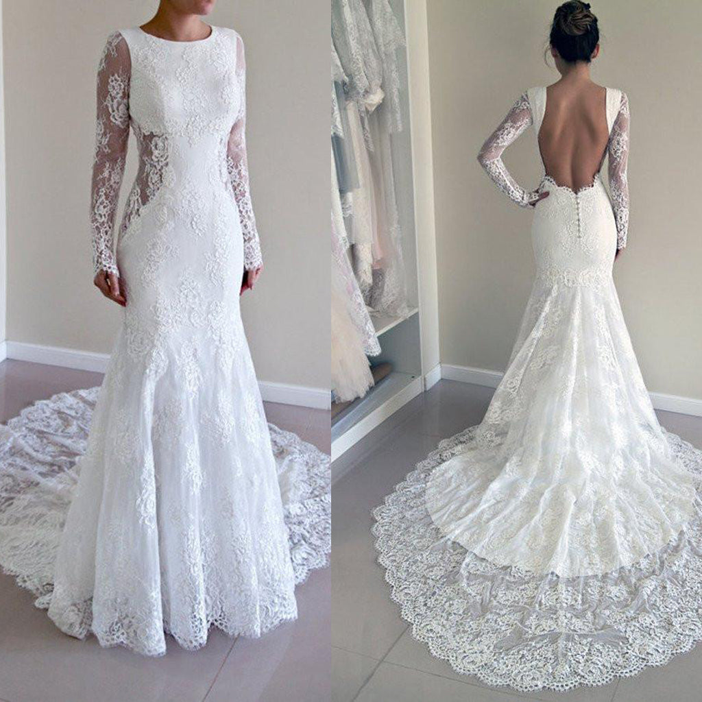 Long Sleeve Illusion White Lace Tulle Wedding Dresses, Cheap Vantage V-back Bridal Gown, WD0007