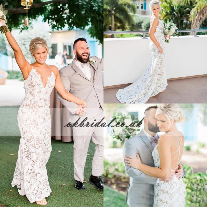 Lace V-neck Wedding Dress, Spaghetti Straps Backless Wedding Dress, Sexy Bridal Dress, Charming Wedding Dress, KX122