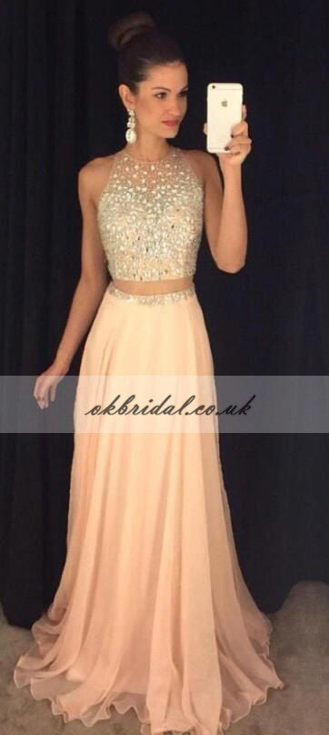 Sexy Two Pieces Long A-Line Chiffon Beaded Tulle Prom Dresses, KX126