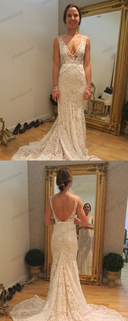 Gorgeous Lace Mermaid Wedding Dresses, V-Neck Backless Prom Dresses, KX1292