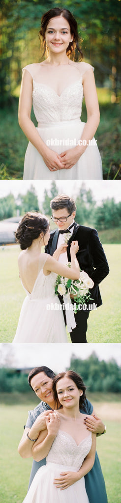 A-Line Tulle Newest Wedding Dress, Beaded Backless Sleeveless Wedding Dress,  KX1328