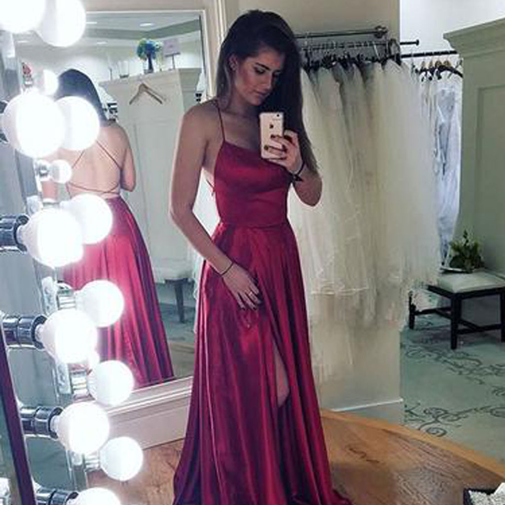 Red Spaghetti Straps Backless Prom Dress, A-Line Slit Sleeveless Prom Dress, KX133