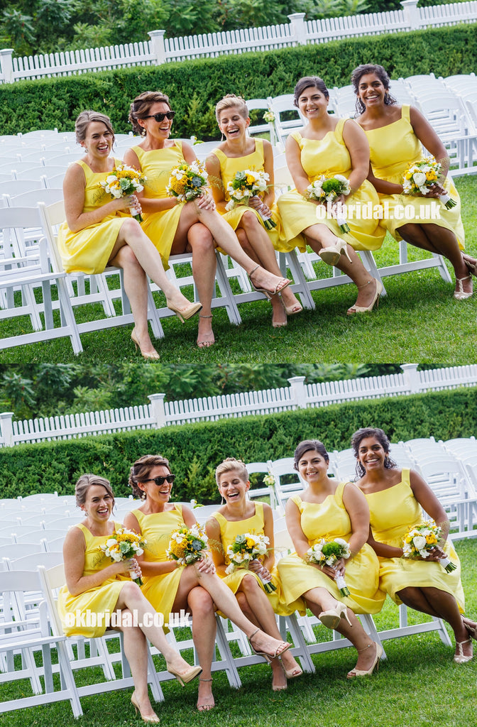 Short Yellow Knee-Length Bridesmaid Dress, Sleeveless Satin Backless Bridesmaid Dress, KX1393