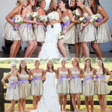 Sequin Off Shoulder V-Neck Shinning Knee-Length Cheap Custom Make High Quality Bridesmaid Dresses, WG124