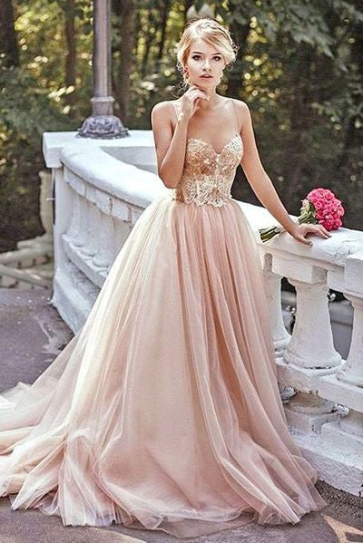 Gold Sequin A line Evening Prom Dresses, Long Tulle Party Prom Dress, Custom Long Prom Dresses, Cheap Formal Prom Dresses, 17051