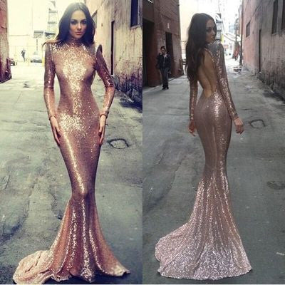Sequin Long Sleeve Evening Prom Dresses, Gold Sequin prom dress, mermaid prom dresses, Evening Party Prom dresses, prom dresses 2017, 17013
