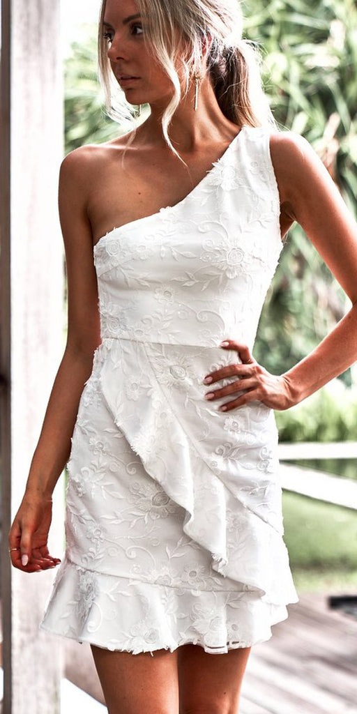 One Shoulder White Homecoming Dresses, Lace Sleeveless Homecoming Dresses, KX1518