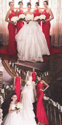 Red Lace Off Shoulder V-Neck Mermaid Long Charming Inexpensive Sexy Bridesmaid Dresses, WG53