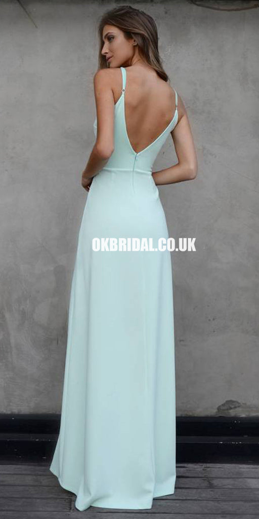 Simple A-line Slit Mint Green Jersey V-neck Backless Prom Dresses, FC1565