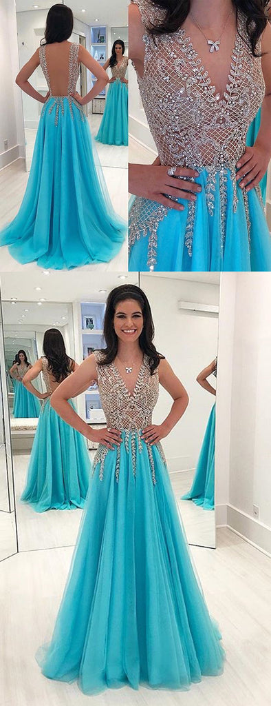 Luxury Beaded A-Line Sleeveless Tulle Sexy Backless Prom Dress, FC1577