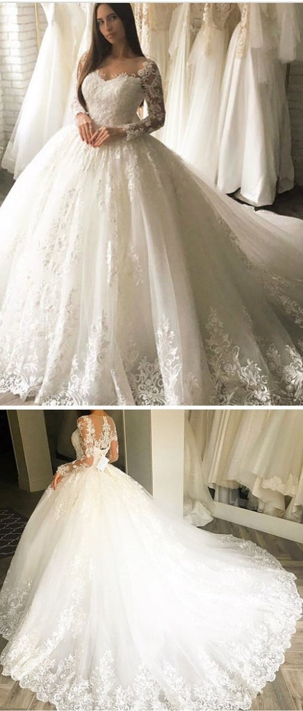 Charming Long Sleeve A-Line Lace Elegant Applique Ball Gown Wedding Dress, FC1633