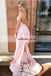 Halter V-Neck Lace Prom Dress, Pink Mermaid Backless Prom Dress, KX163