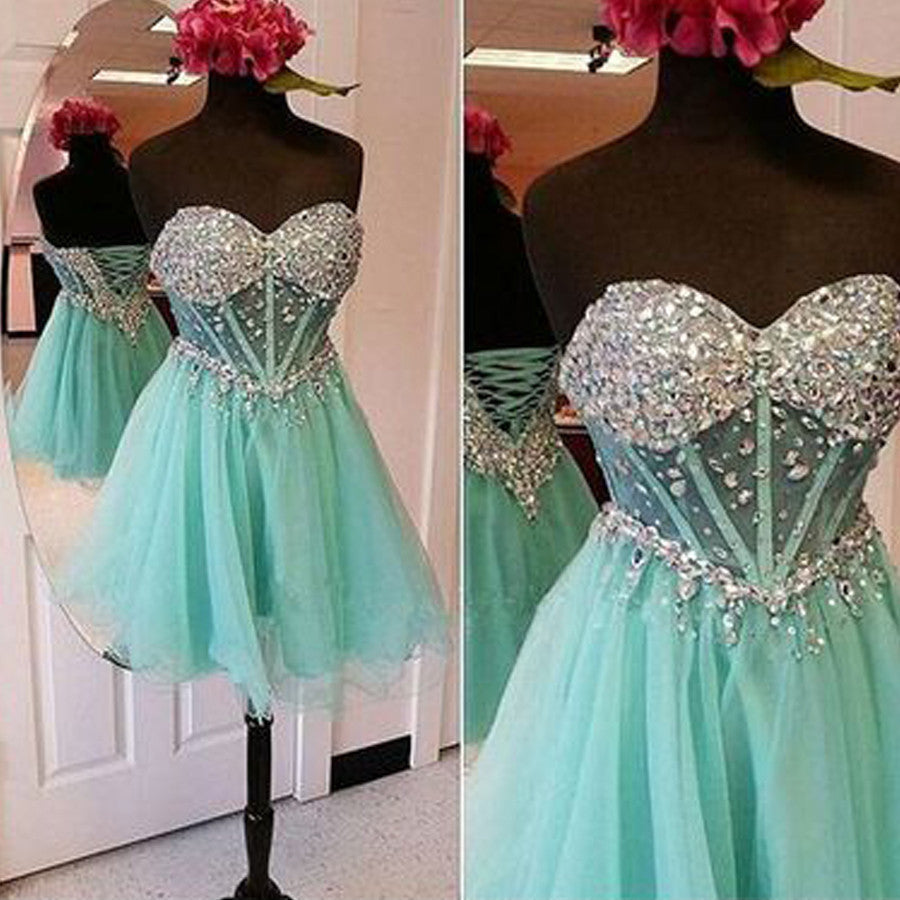Strapless mint sparkly see through mini homecoming prom gown dresses, BD000168