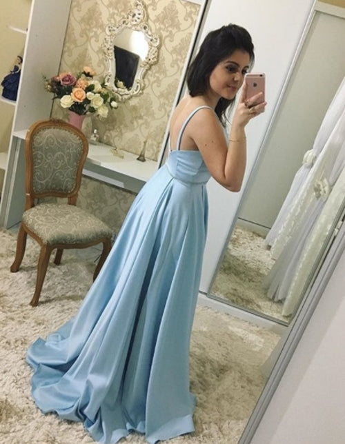Light Blue Satin A-Line Prom Dress, Spaghetti Straps Backless Slit Prom Dress, KX168