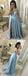 Light Blue Satin A-Line Prom Dress, Spaghetti Straps Backless Slit Prom Dress, KX168
