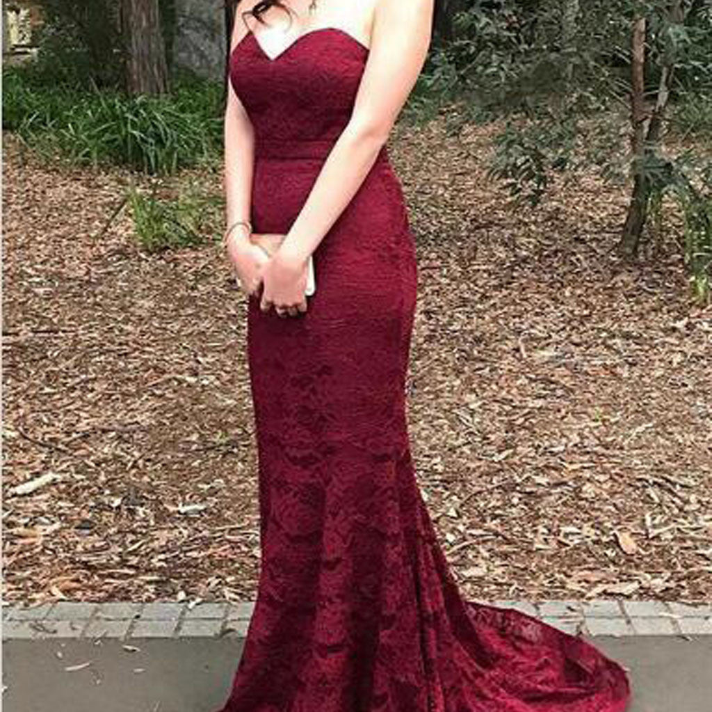 Sweetheart Red Lace Mermaid Evening Prom Dresses, 2017 Long Party Prom Dress, Custom Long Prom Dresses, Cheap Formal Prom Dresses, 17087