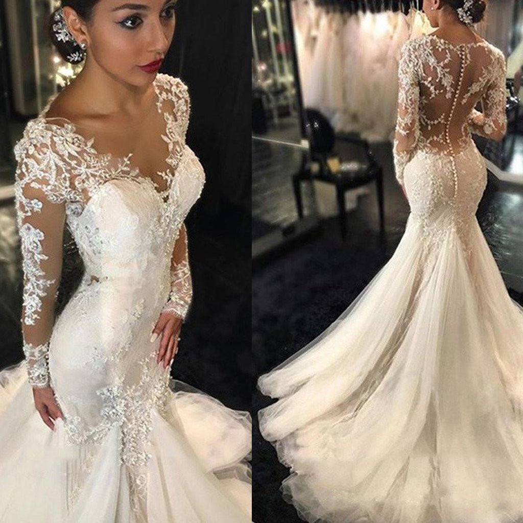 Mermaid Chiffon See Through Neck White Wedding Dress With Sash