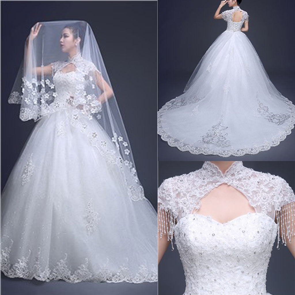 Charming High Neck Cap Sleeve Long A-line Open Back Lace Tulle Wedding Dresses, WD0171