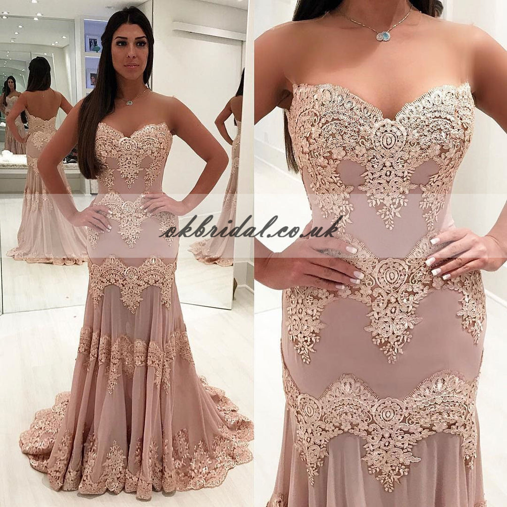 Charming Sweet Heart Lace Prom Dress, Mermaid Applique Backless Prom Dress, KX171