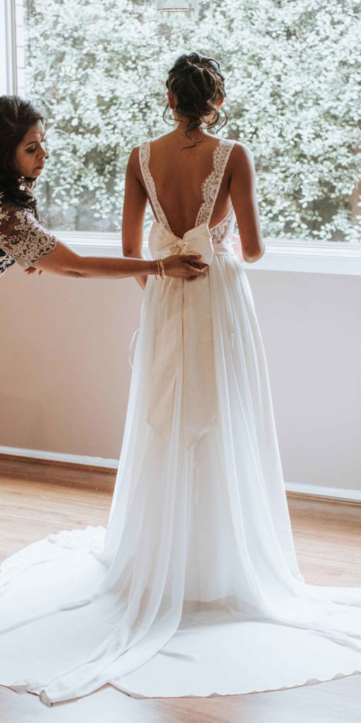 Cheap A-Line Chiffon Backless Elegant Lace Wedding Dresses, FC1769