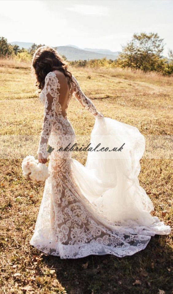 Long Sleeve Wedding Dress, Lace Wedding Dress, Vintage Bridal Dress, T –  OkBridal