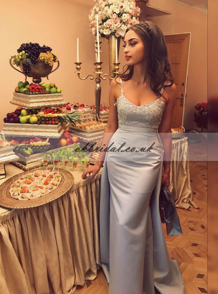 Spaghetti Straps Prom Dress, Applique Satin Backless Prom Dress, Mermaid Prom Dress, KX187