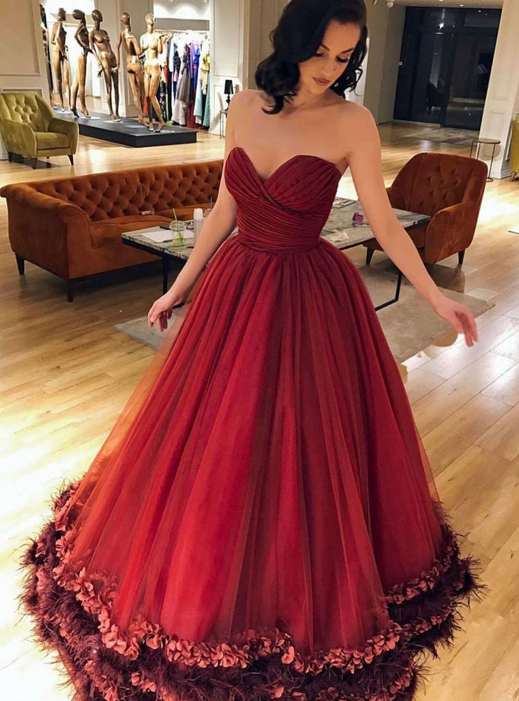 Long A-Line Backless Red Prom Ball Gown, Sweet Heart Tulle Gorgeous Prom Dresses, KX188