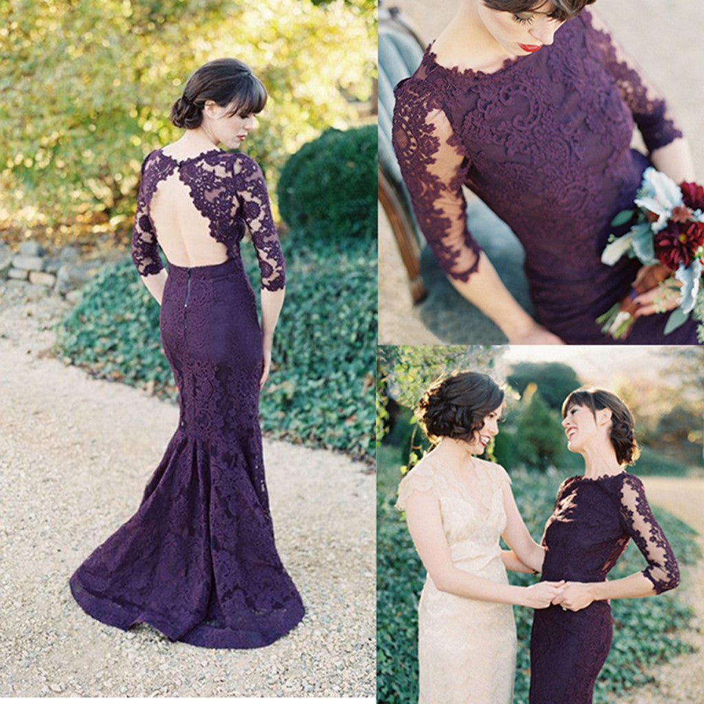 Long Sleeve Open Back Sexy Mermaid Purple Cheap Pretty Bridesmaid Dress