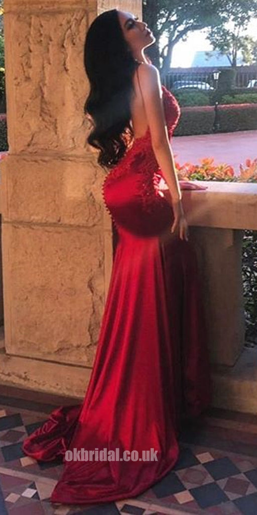 Sexy Mermaid Backless Straps Applique Red Prom Dress, FC1919