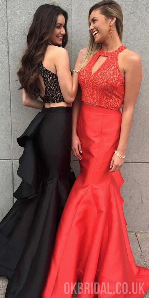 Two Pieces Mermaid Sleeveless Lace Open-back Satin Long Prom Dresses, FC1956