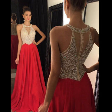 Red Prom Dresses, Halter prom Dress, Mermaid Prom Dress, dresses for Prom, Beaded prom dresses 2017, PD1701