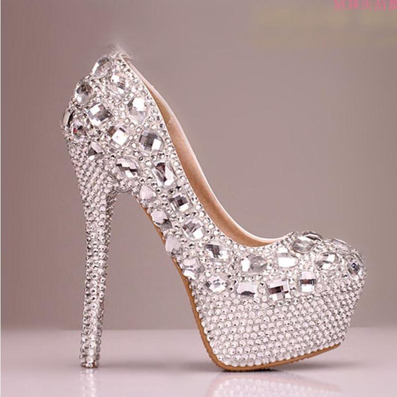 Handmade Middle High Heels Pointed Toe Crystal Wedding Shoes, S003