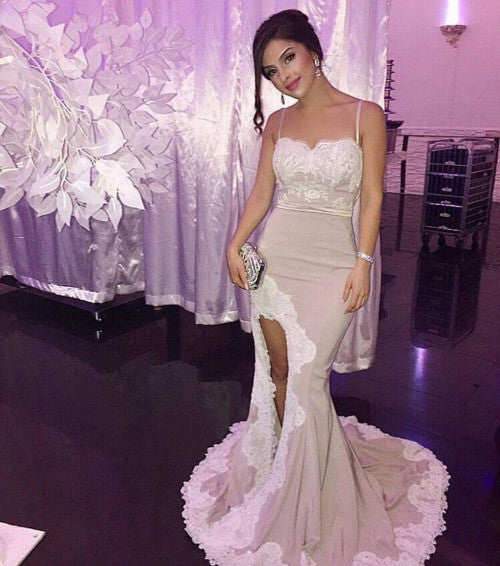 Sexy Slit Lace Mermaid Evening Prom Dresses, 2017 Long Party Prom Dress, Custom Long Prom Dresses, Cheap Formal Prom Dresses, 17077