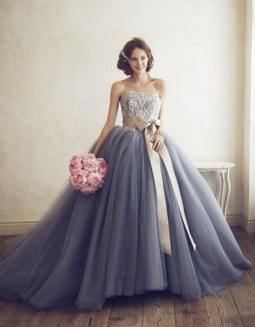 Gray Tulle Layers Long Prom Dress, A-Line Strapless Formal Evening Dre