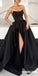 Black Satin Backless Simple A-Line Slit Cheap Long Prom Dresses, FC2121
